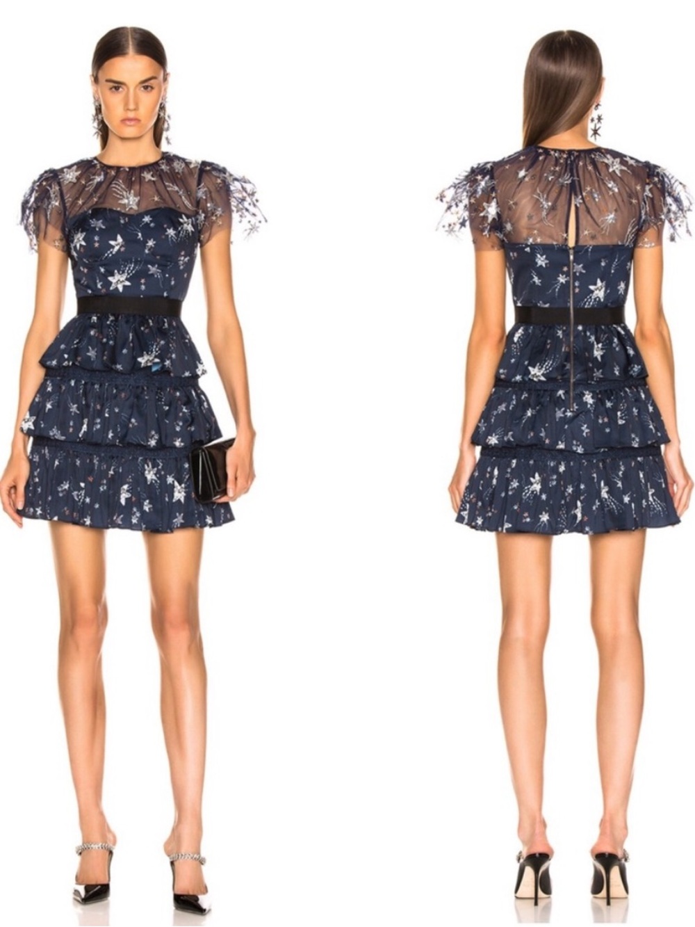 Self-Portrait Navy Star Printed Satin Mini Dress